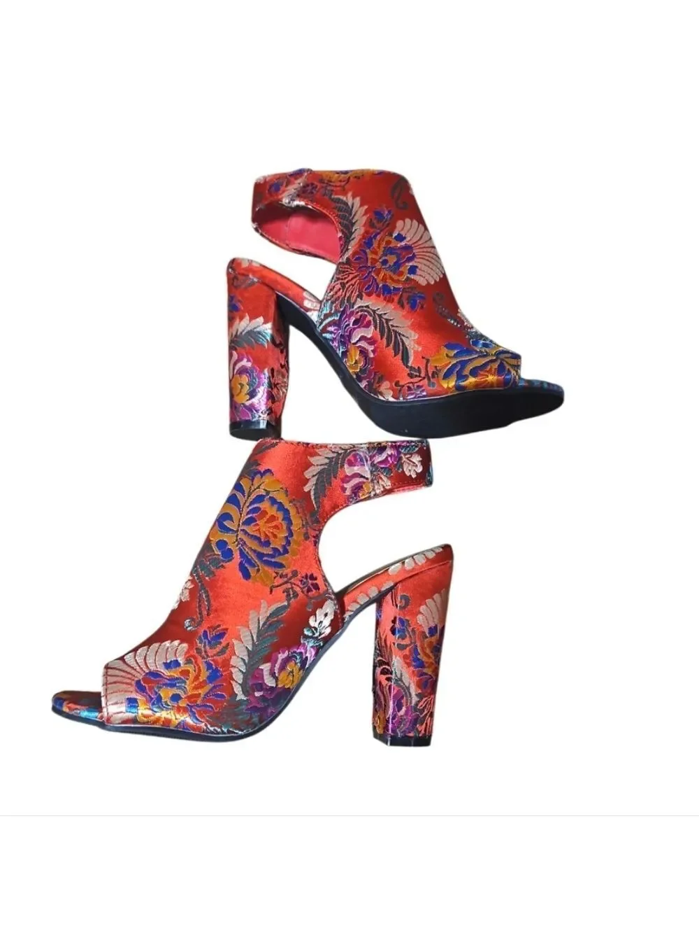 Bamboo Red Floral High Heels with Ankle Strap 5.5 Embroidered Colorful Handmade